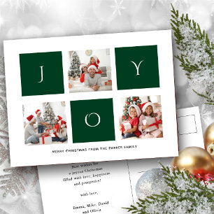Postal JOY Modern Green Fun Script Collage de fotos Simpl