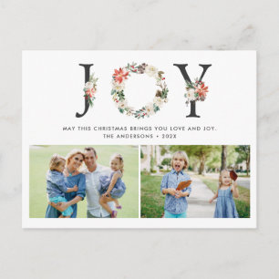 Postal JOY Navidades Floral Wreath Collage de dos fotos