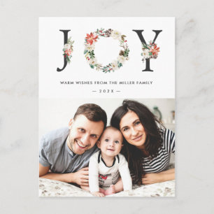 Postal JOY Typography Navidades florales de Poinsettia