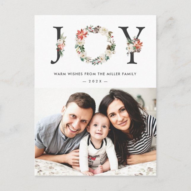 Postal JOY Typography Navidades florales de Poinsettia (Anverso)