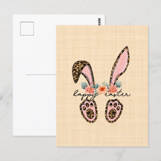 Postal "Joyeuses Pâques" avec un dessin floral de lapin