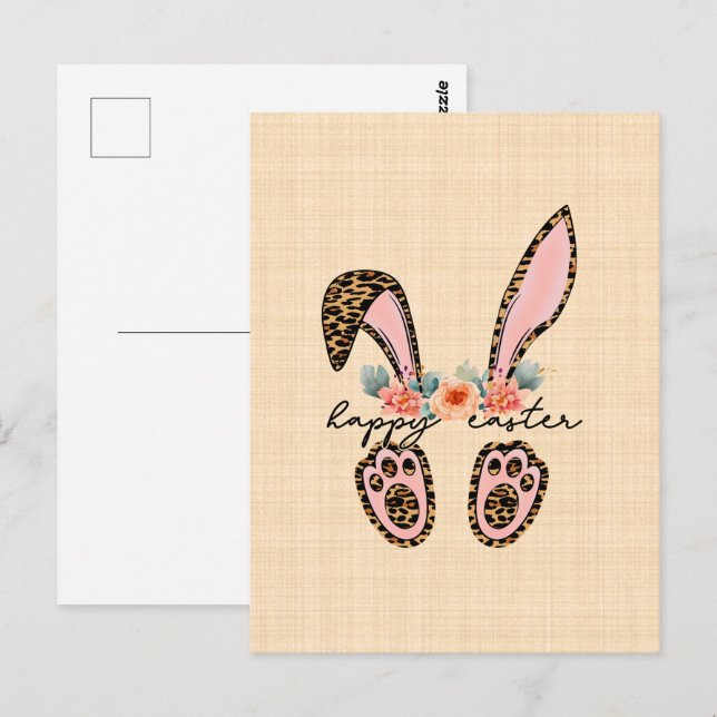 Postal "Joyeuses Pâques" avec un dessin floral de lapin (Anverso / Reverso)