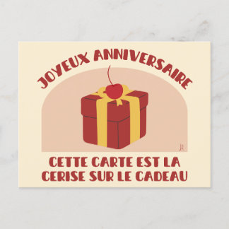 Postal Joyeux anniversaire, carte cerise sur le cadeau