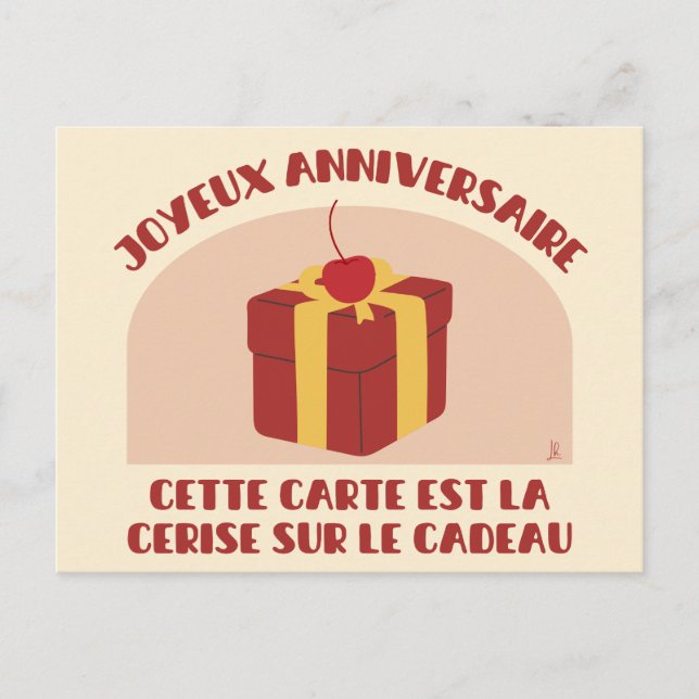 Postal Joyeux anniversaire, carte cerise sur le cadeau (Anverso)