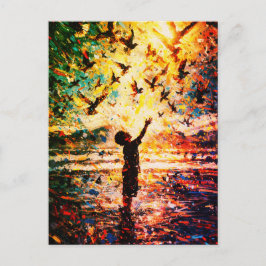 Postal Joyful Child Playing with Birds Sunrise Water