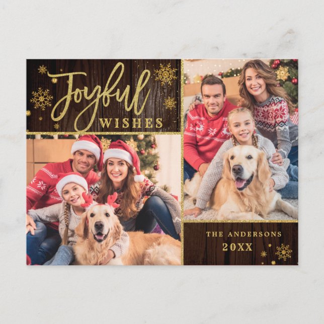 Postal Joyful Gold Frame Moderno Script 2 Fotos Saludo (Anverso)