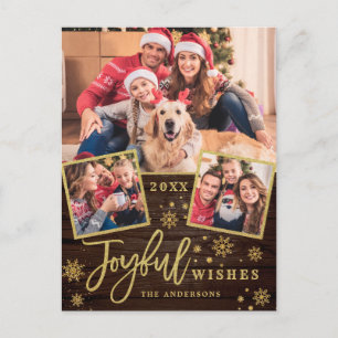 Postal Joyful Gold Frame Moderno Script 3 Fotos Saludo