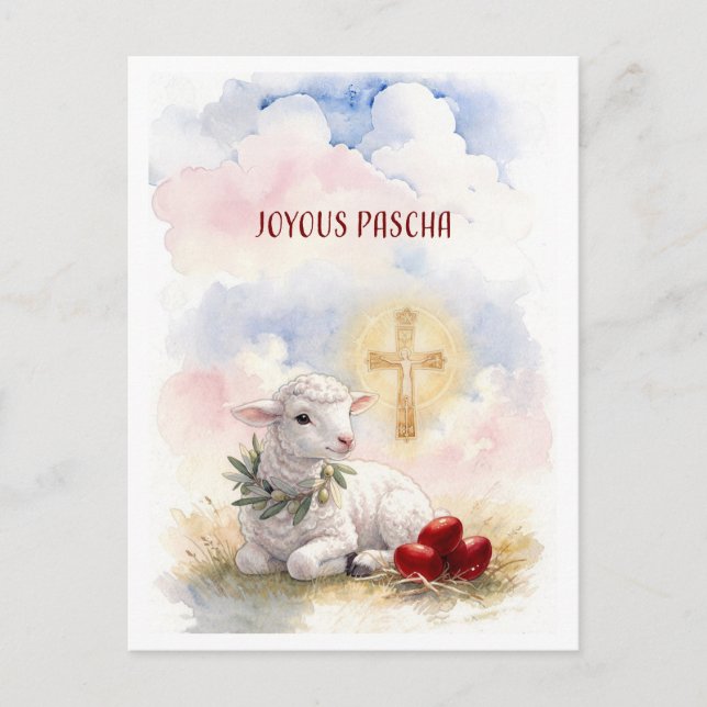 Postal Joyous Pascha Lamb, Red Eggs and Cross (Anverso)