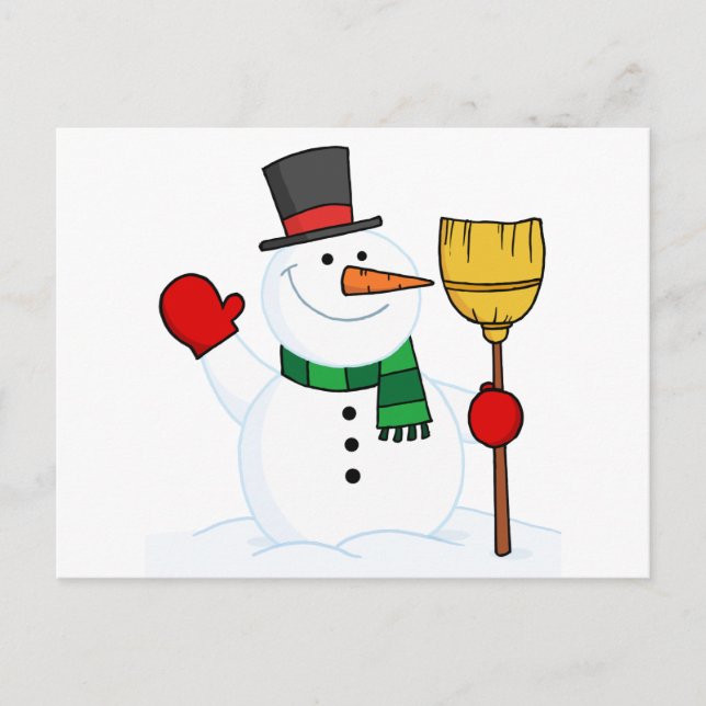 Postal Joyous Snowman Sujetando Una Escoba Y Ondeando (Anverso)