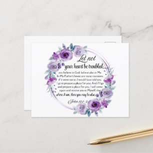 Postal Juan 14:1-3 Biblia Verse Purple Floral