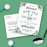 Postal Jubilación temática de golf verde Par-Tee<br><div class="desc">Cartel de invitación a la fiesta de retiro con temática de golf en blanco y verde con vegetación,  y una pelota de golf y clubes de golf cruzados.</div>