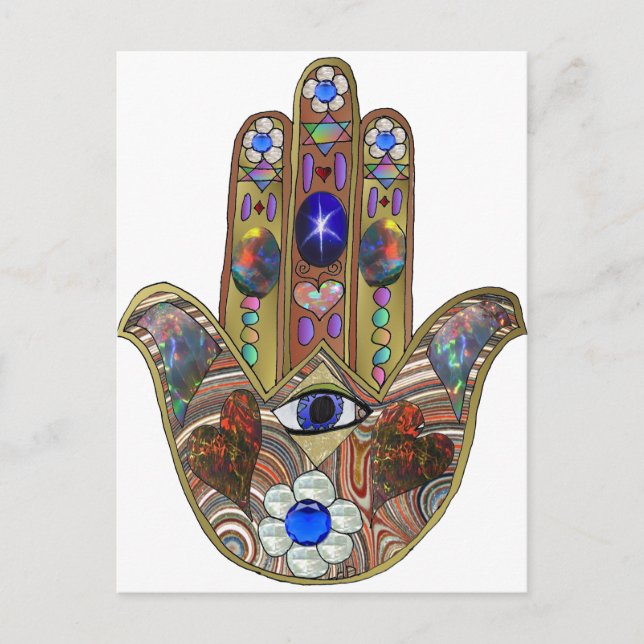 Postal Judaica Hamsa Hearts Flowers Opal Art Print (Anverso)