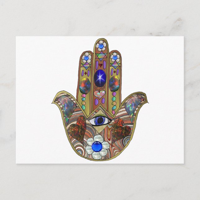 Postal Judaica Hamsa Hearts Flowers Opal Art Print (Anverso)