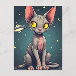 Postal Judging Sphynx Cat UFO Space Cartoon Art