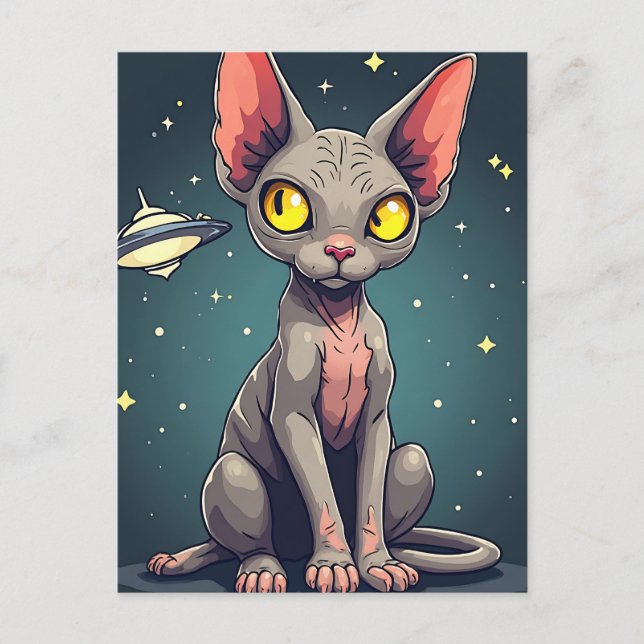 Postal Judging Sphynx Cat UFO Space Cartoon Art (Anverso)