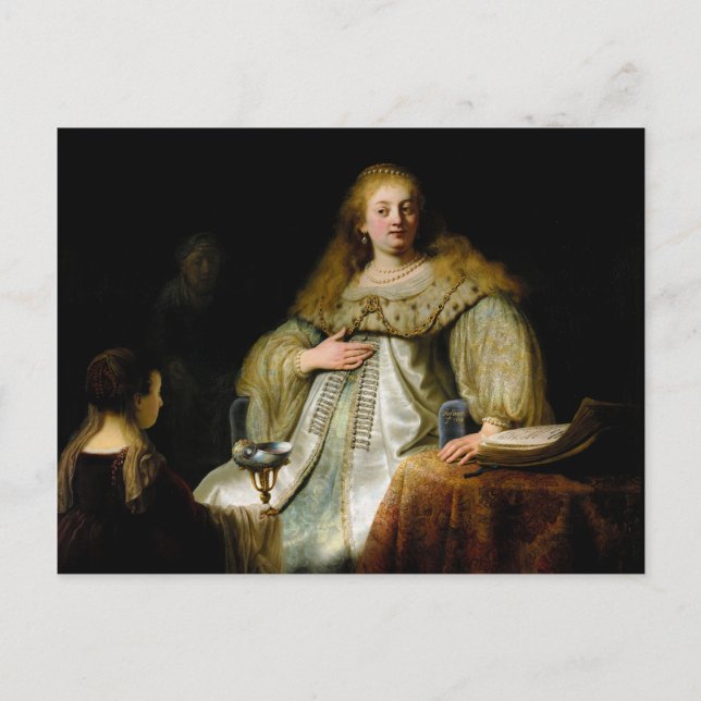 Postal Judith en el banquete de Holofernes por Rembrandt (Anverso)
