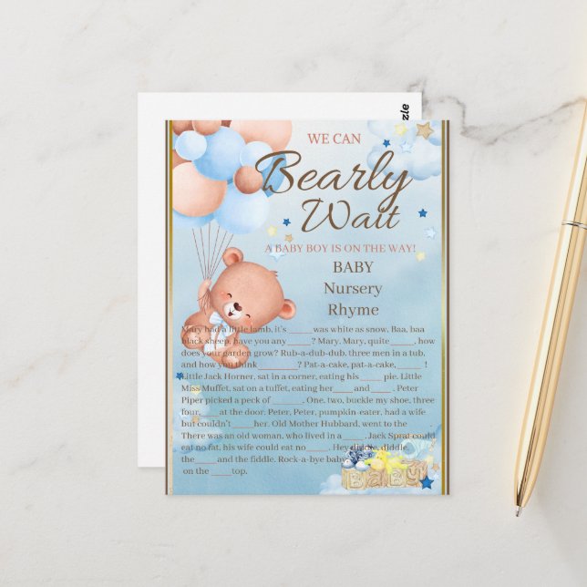 Postal Juego Bear Baby Shower Boy (Anverso/Reverso In Situ)