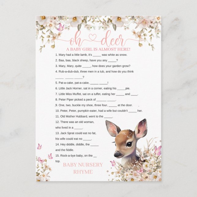 Postal Juego de Baby Shower Woodland Deer (Anverso)