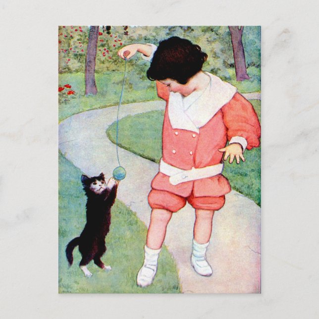 POSTAL JUEGO DE CHICA ANTIGUO "MEJORES AMIGOS" CON KITTEN (Anverso)