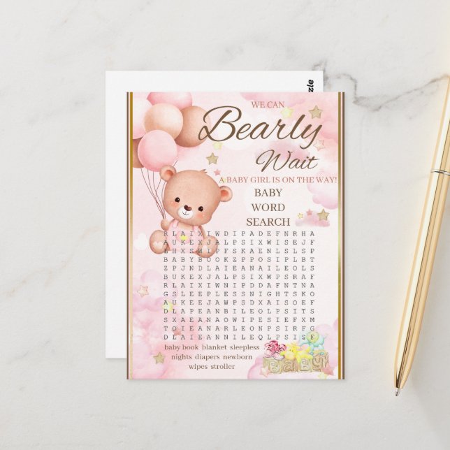 Postal Juego de Chica de Baby Shower de oso (Anverso/Reverso In Situ)