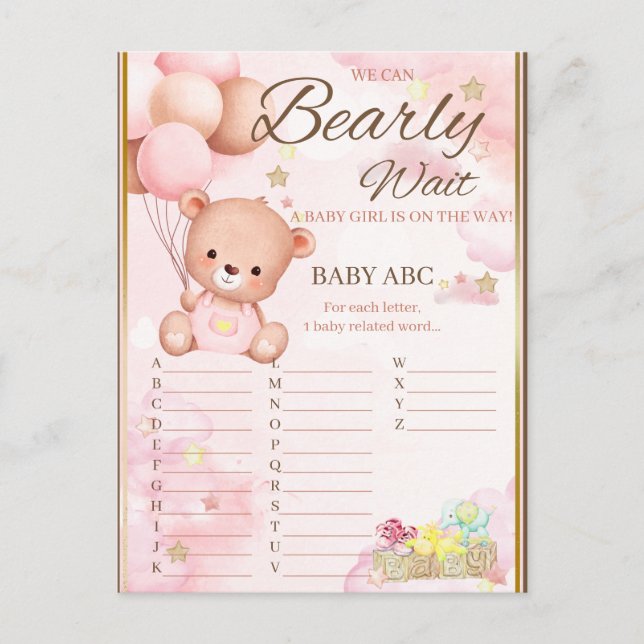 Postal Juego de Chica de Baby Shower de oso (Anverso)