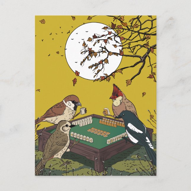 Postal Juego de pájaros jugando Mahjong  (Anverso)