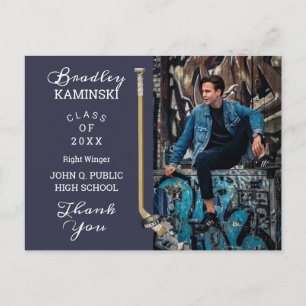 Postal Jugador de hockey Deportes Graduación Foto Gracias