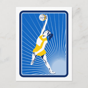 Postal jugador de netball atrapando pelota de pasaje