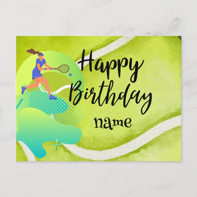 Postal Jugador de tenis con raqueta y bola Cumpleaños (Anverso)