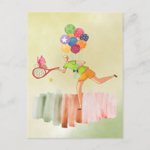 Postal Jugador de tenis y globo para cumpleaños acuarela