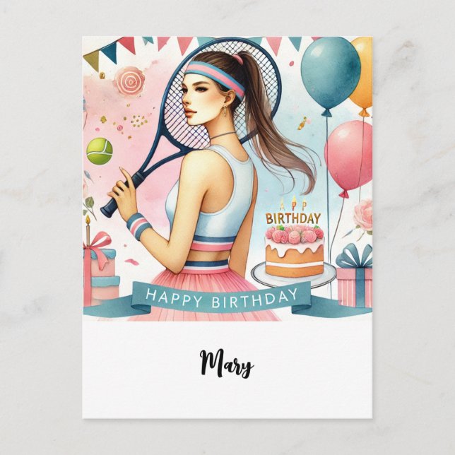 Postal Jugadora de tenis con feliz cumpleaños (Anverso)