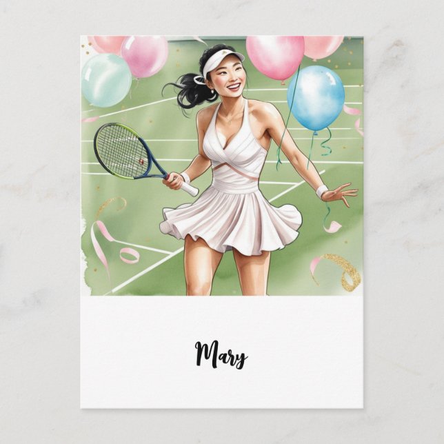 Postal Jugadora de tenis con feliz cumpleaños (Anverso)