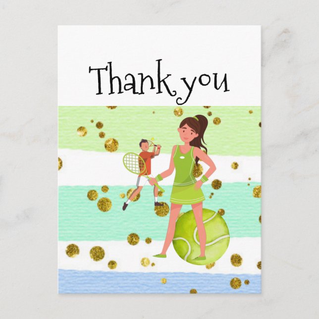 Postal Jugadora de tenis sostiene raqueta y bola (Anverso)