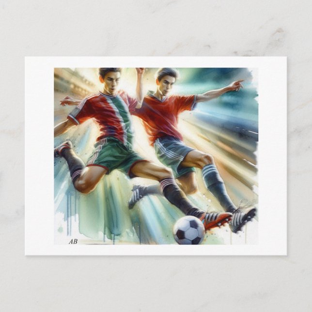 Postal Jugadores de fútbol dinámicos en acción,  (Anverso)