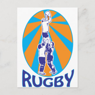 Postal jugadores de rugby saltando atrapando la bola de s
