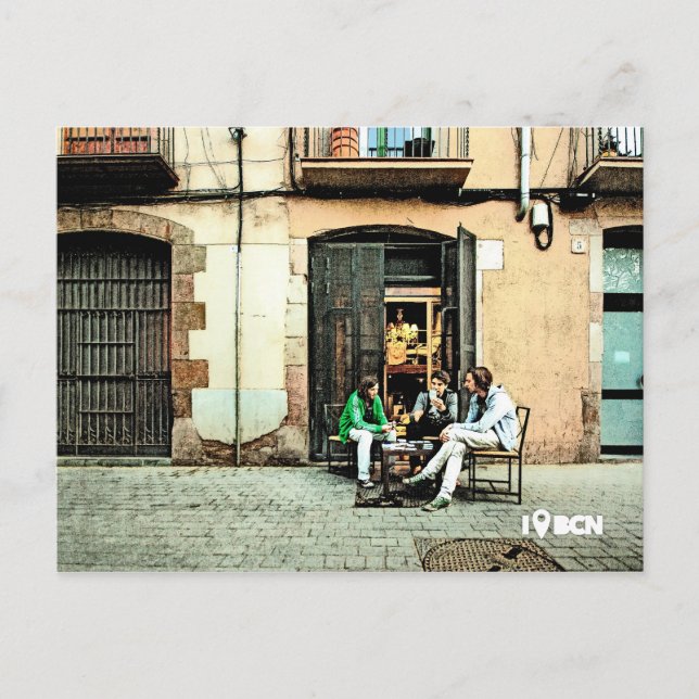 Postal Jugando cartas en el barrio de El Born en Barcelon (Anverso)