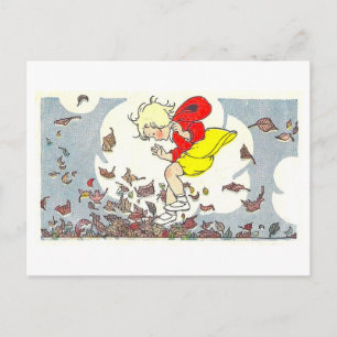 Postal "Jugando en las Hojas" Ilustración de Otoño