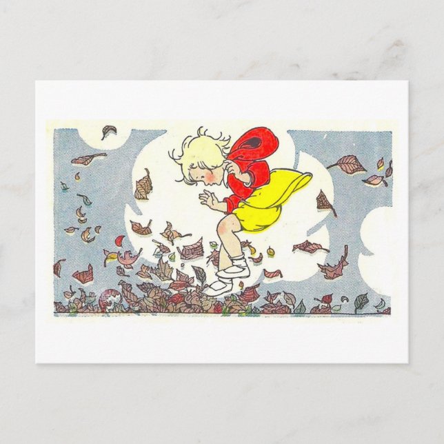Postal "Jugando en las Hojas" Ilustración de Otoño (Anverso)