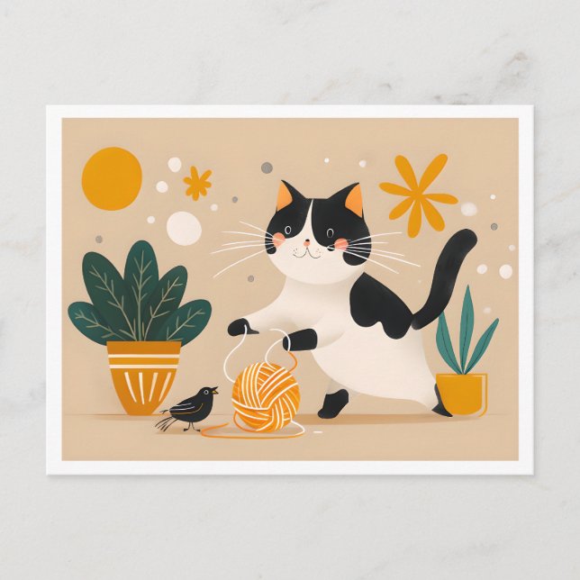 Postal Jugar al gato con lana y pájaro, moderno (Anverso)