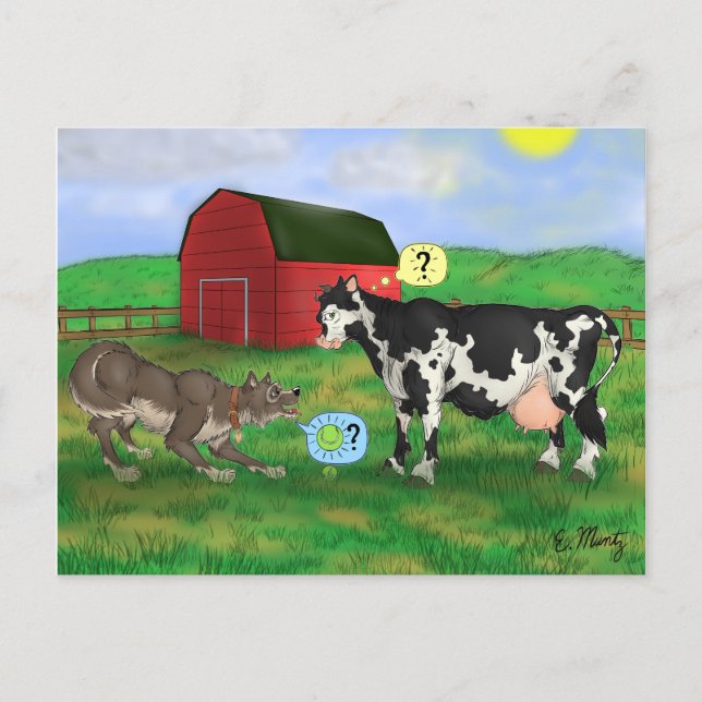Postal "¿Jugar?" - perro y vaca (Anverso)