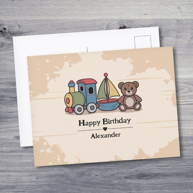 Postal Juguetes de madera con tren, velero y osito de pel (Wooden Toys with train, sailboat, and teddy bear Postcard)