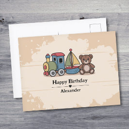 Postal Juguetes de madera con tren, velero y oso de peluc