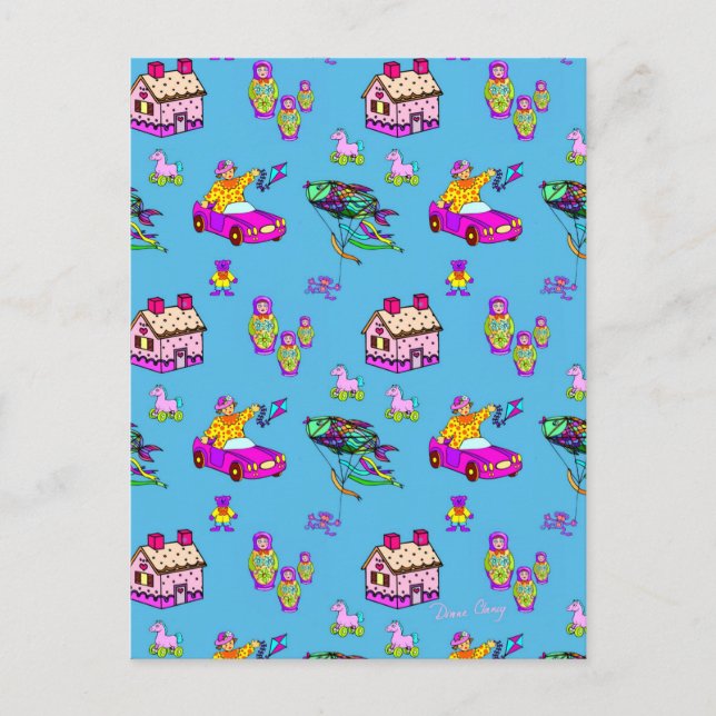 Postal Juguetes - Dolomitas rosas y cometas turquesas (Anverso)