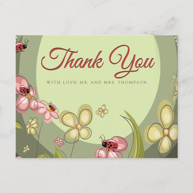 Postal Juguetón Verde y Mariquita Gracias (Anverso)