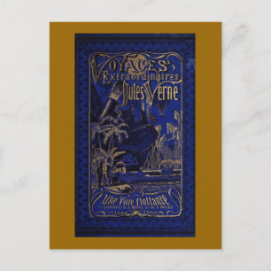 Postal Jules Verne portada flotante de libros antiguos de
