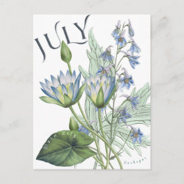 Postal Julio Mes Flores Larkspur Agua Lily Fancy