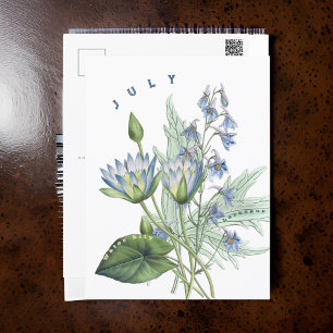 Postal Julio Mes Flores Larkspur y Lily del Agua