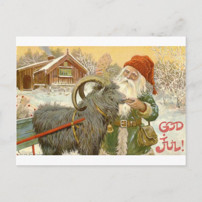Postal Jultomten alimenta a Yule Goat con una galleta (Anverso)