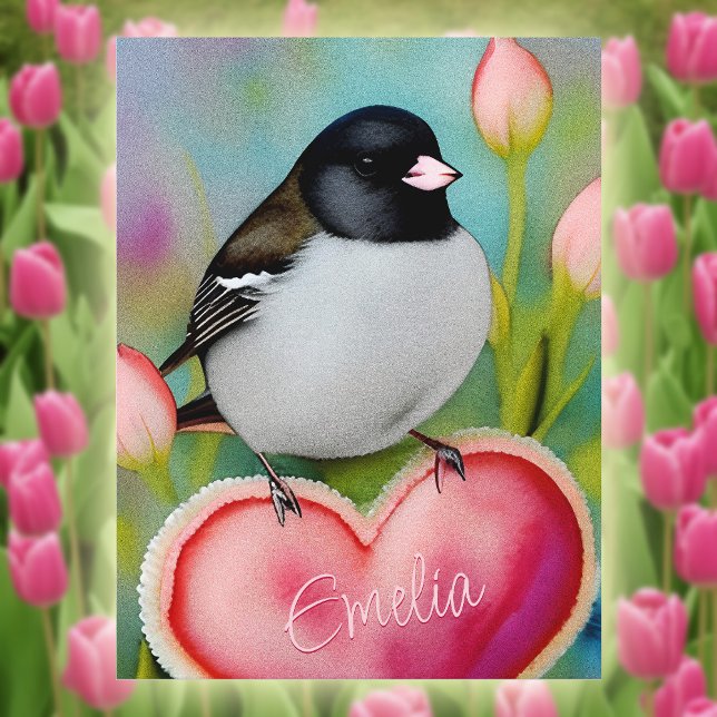 Postal Junco Valentine Heart Cute Tulip Garden Bird +Nomb (Subido por el creador)