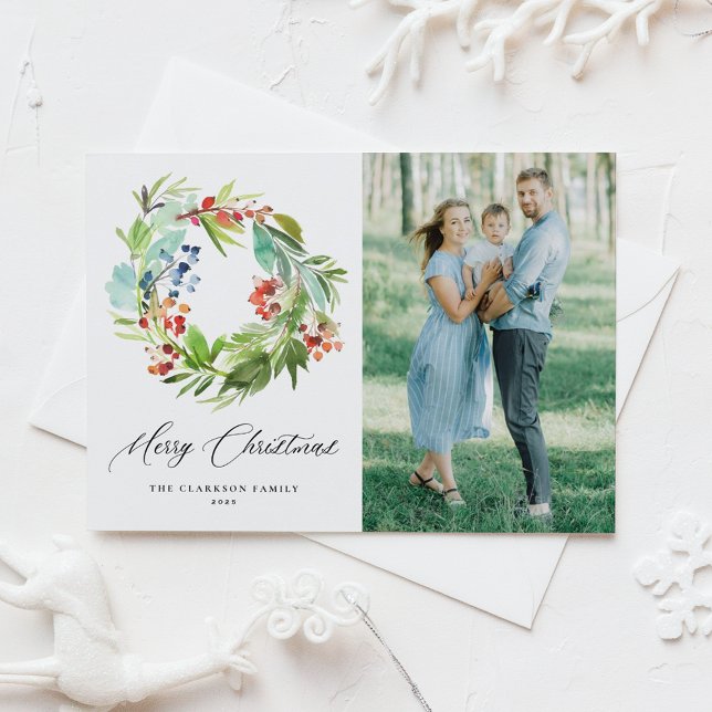 Postal Juniper y Holly Wreath Merry Christmas Photo (Subido por el creador)